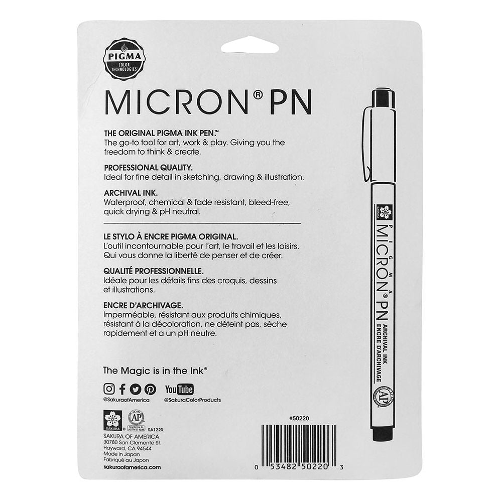 Sakura Pigma Micron PN - Plastic Nib 8 Pc Set; Contains 1 ea: Black, Blue, Red, Purple, Rose, Sepia, Burgundy, Blue/Black