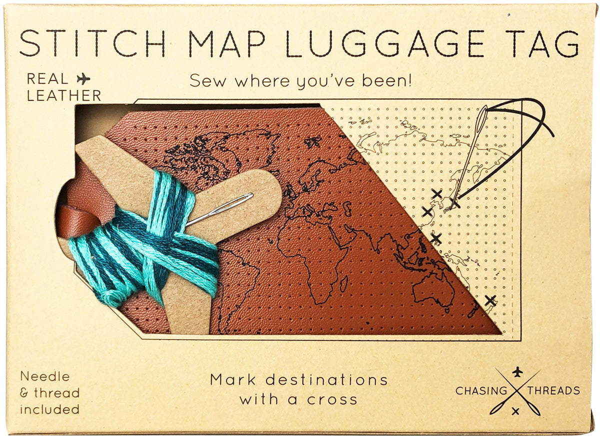 Stitch Your Travels Map Luggage Tag - Brown Leather