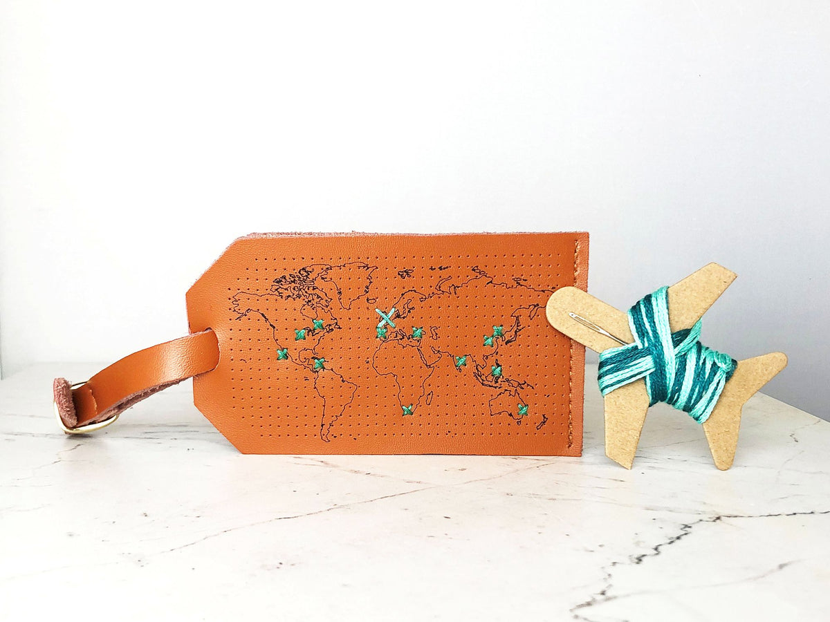 Stitch Your Travels Map Luggage Tag - Brown Leather