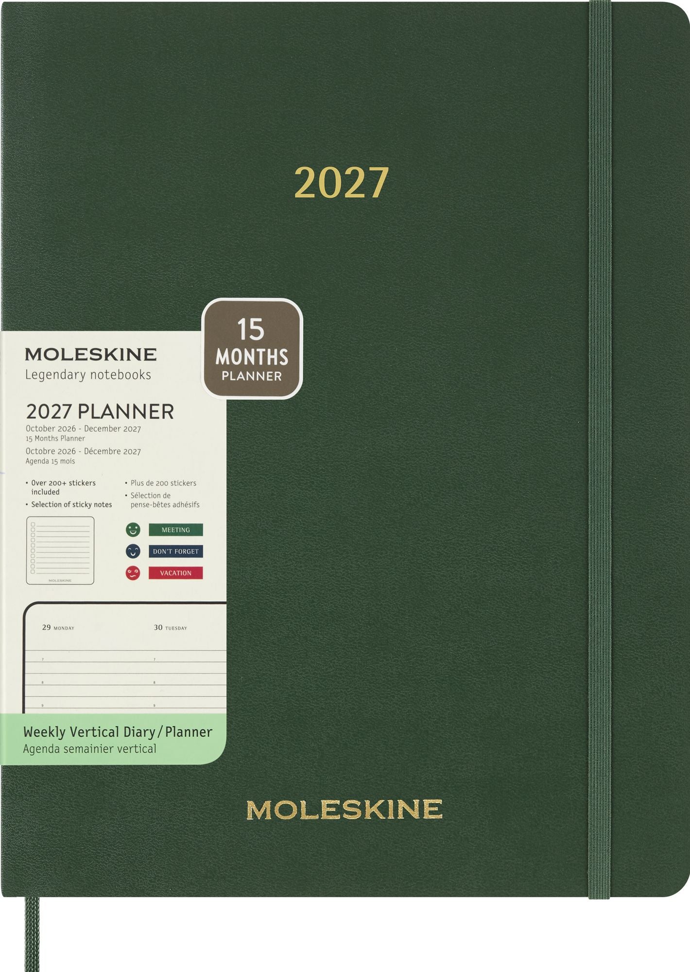 2027 Moleskine 15-Month Essential Planner, Soft Cover, Weekly Vertical, XXL (8.5" x 11"), Myrtle Green, 128 pages