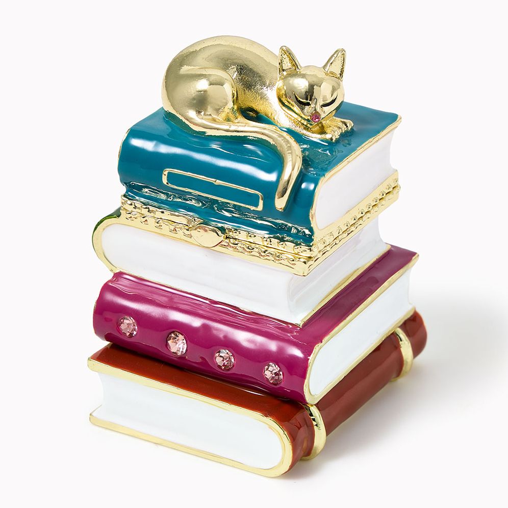Cat & Books Enameled Lidded Trinket Box