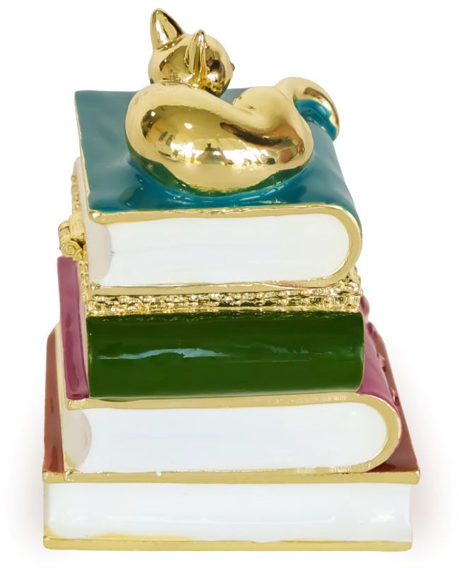 Cat & Books Enameled Lidded Trinket Box