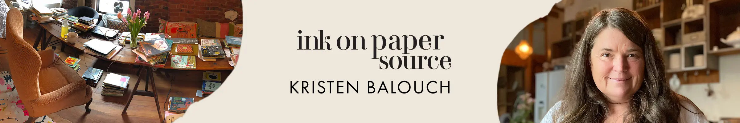 Ink on Paper Source Artist Kristen Balouch behind the scenes artwork and headshot.