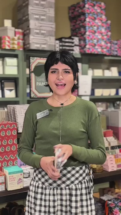 Video showing Paper Source staff showing the Grey Cat Fuzzy Crew Socks