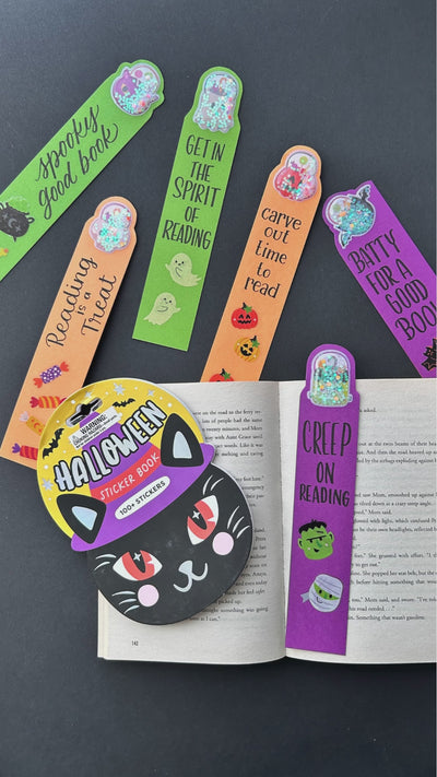Video detailing how to create Halloween sticker bookmarks.