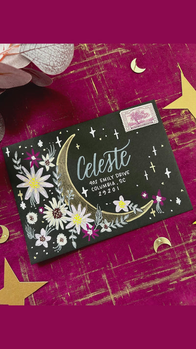 Video detailing how to create and embellish a celestial themed envelope.