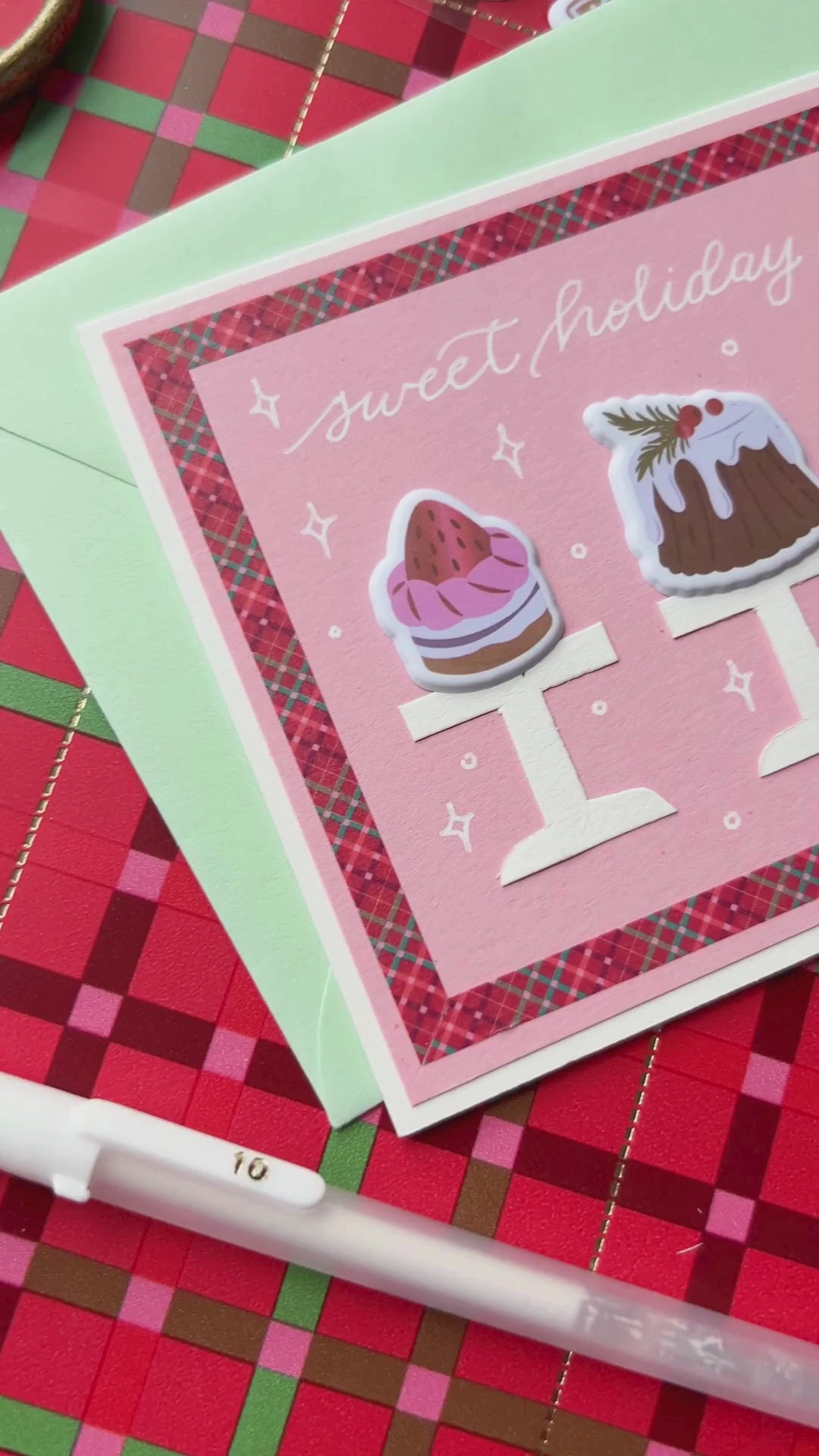 How to use stickers, paper and washi tape to create a Sugar Plum Visions themed holiday card.