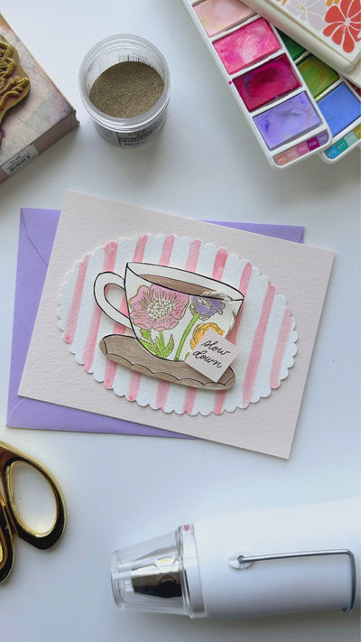 Video displaying how to create a handmade tea time greeting card.
