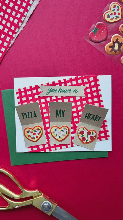 Watch how to craft a DIY Pizza My Heart valentine with pizza stickers.