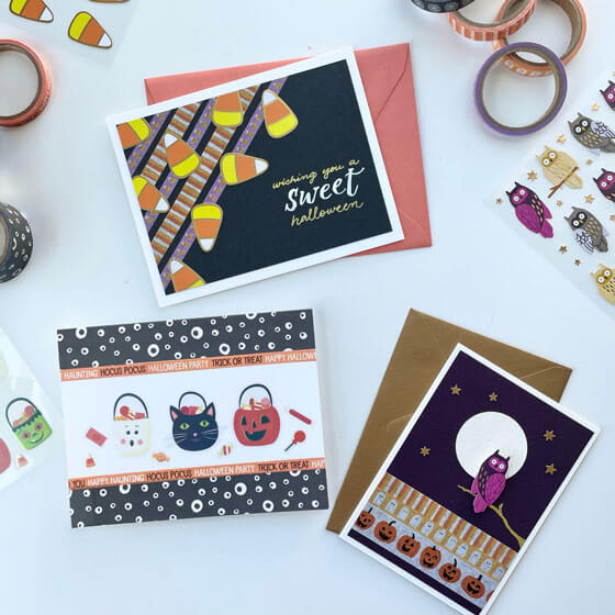 Halloween cards that are handmade with elements like stickers and washi tape.