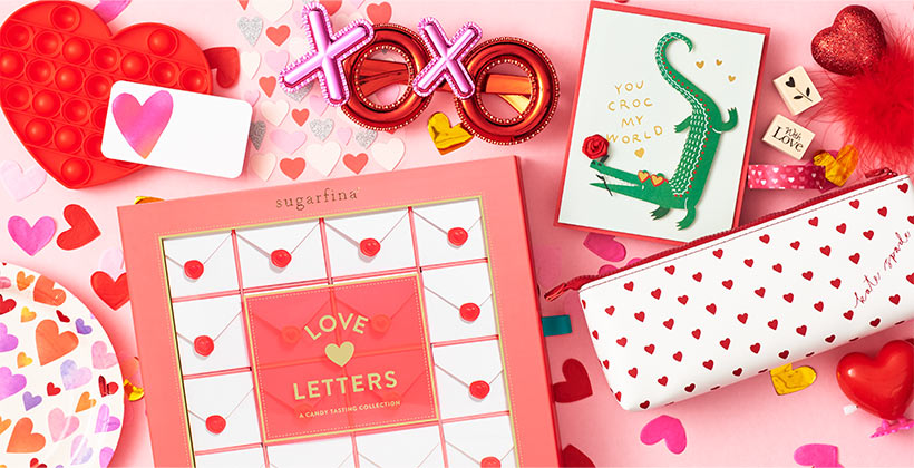 Assorted gifts, cards and treats for Valentine's Day.