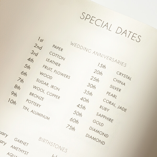 Interior of a planner displaying a list of special dates.
