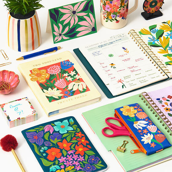 Beautiful and planners, notepads, pens and other desk and office decor.
