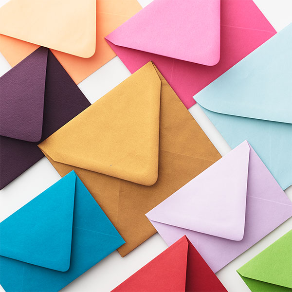 Envelopes in assorted bright colors.