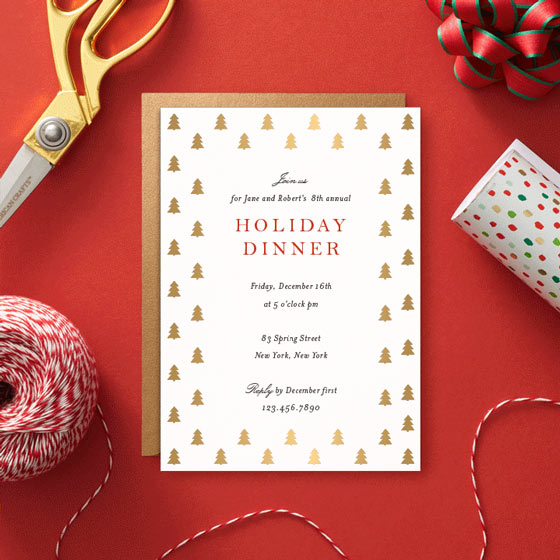 Foil holiday party invitation with Christmas tree border design.