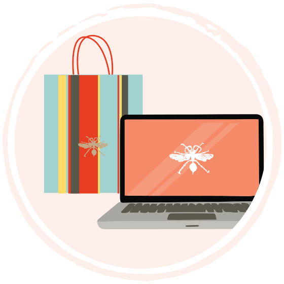 Graphic illustration of a Paper Source shopping bag next to a laptop computer.