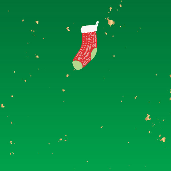 Icon of a red and green stocking on a light green background.